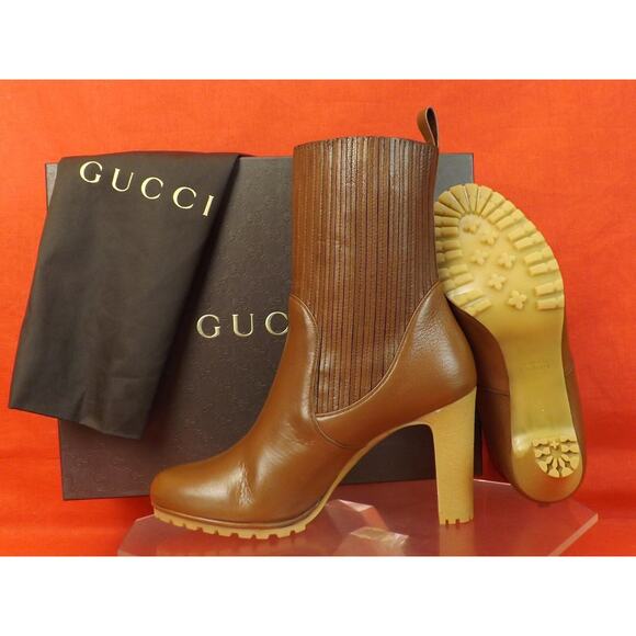 NIB GUCCI 323551 EDITH CUIR BROWN LUXOR LEATHER ELASTICIZED ANKLE BOOTS 39.5 - Picture 8 of 12